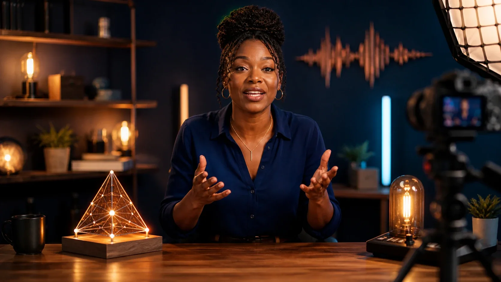 The presenter in a wide studio shot