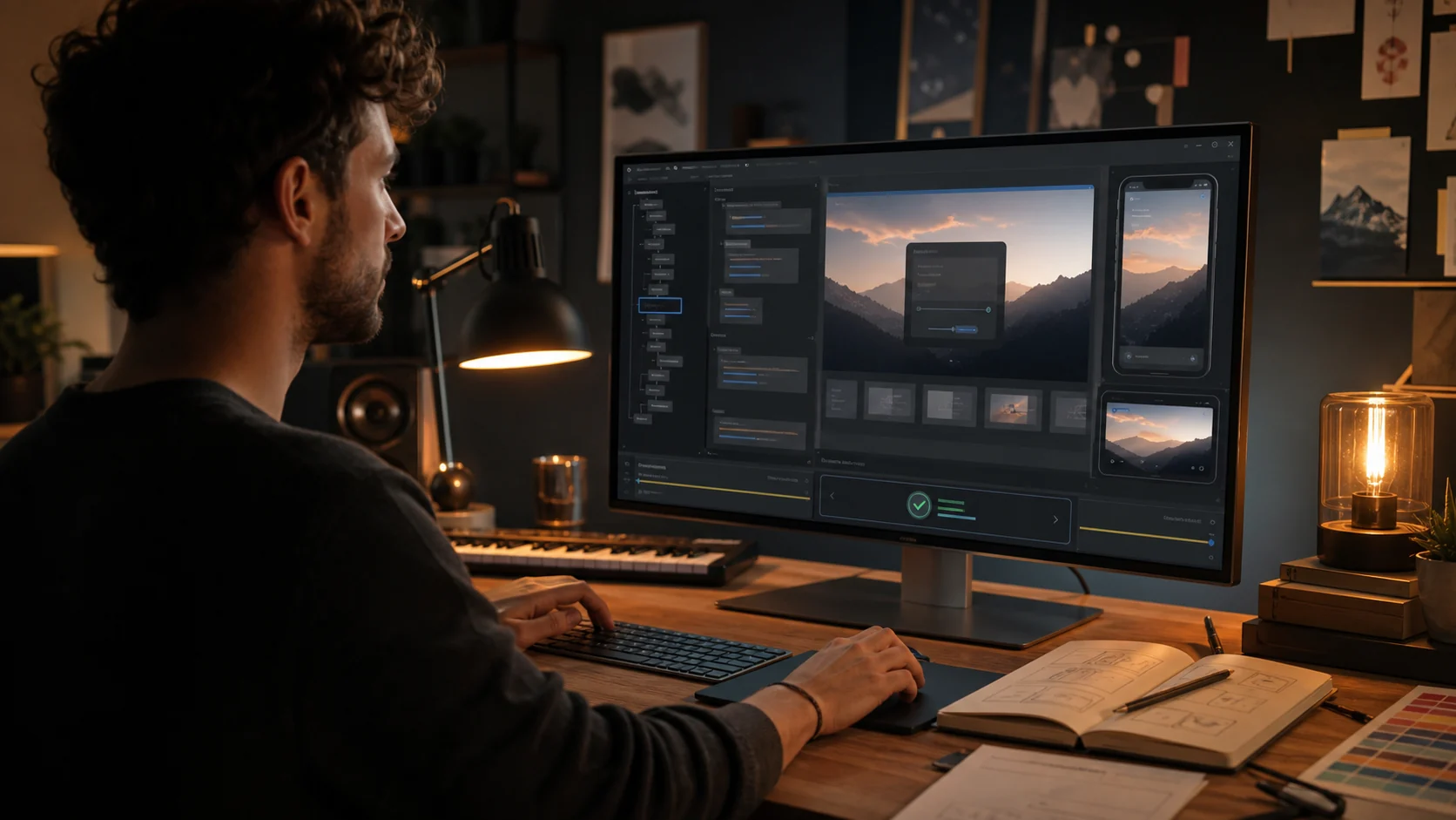 A creator building a responsive page and assets in a unified workspace