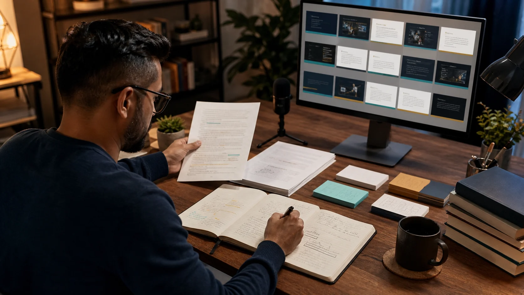An educator shaping a manuscript and a visual course at a home-studio workbench