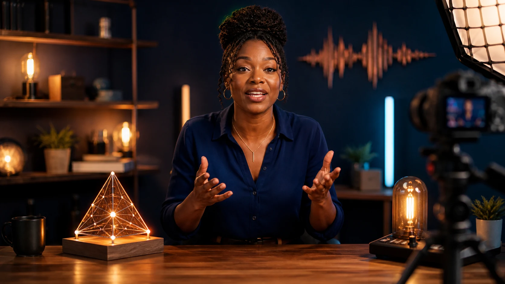 An educator recording a technical lesson in a warmly lit studio